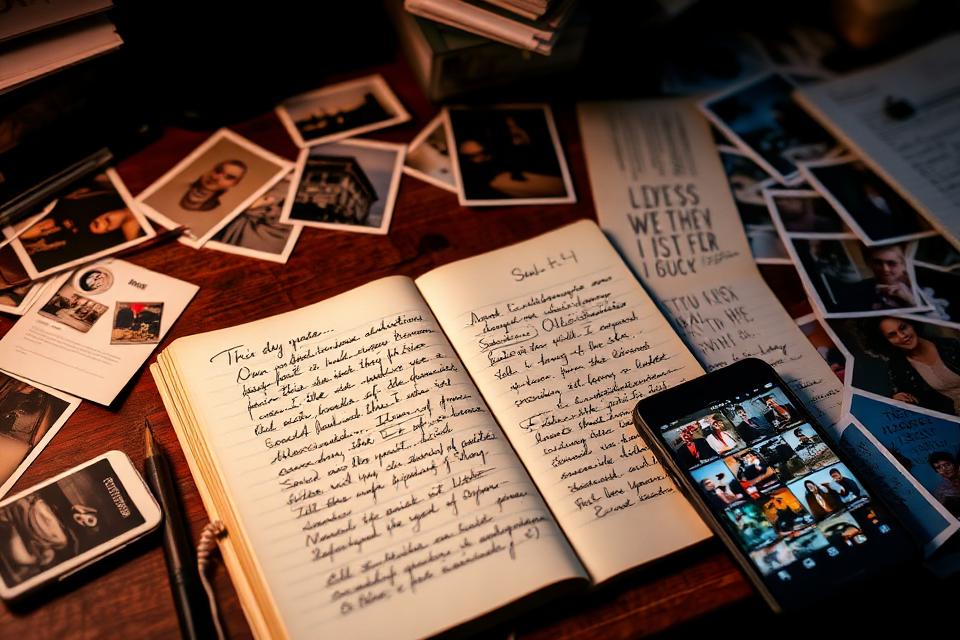 Caderno de campo com anotações à mão e fotos soltas sobre a mesa
