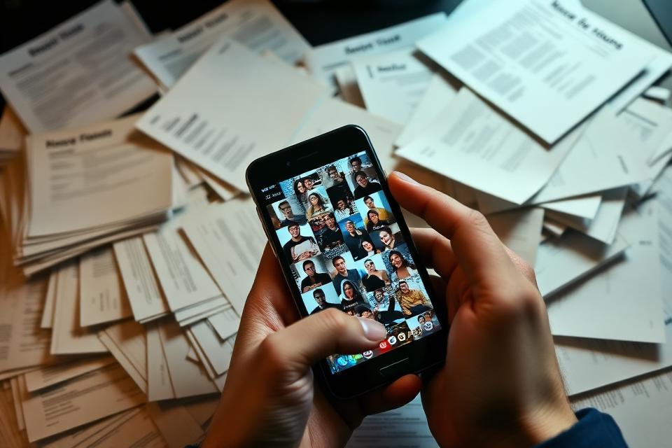 Pilha de currículos impressos e celular com grupo de mensagens lotado