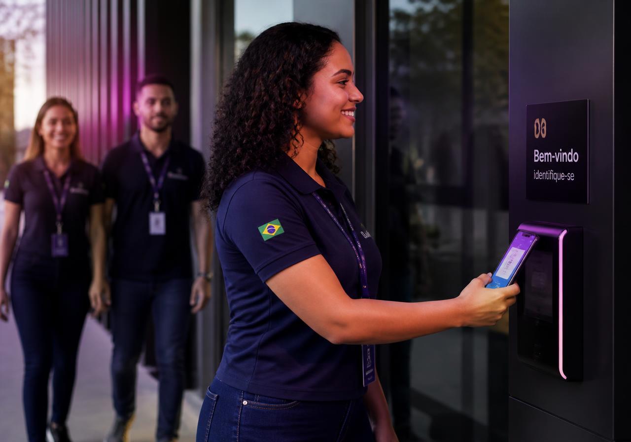 Colaboradora de uniforme registrando o ponto pelo celular na entrada da empresa