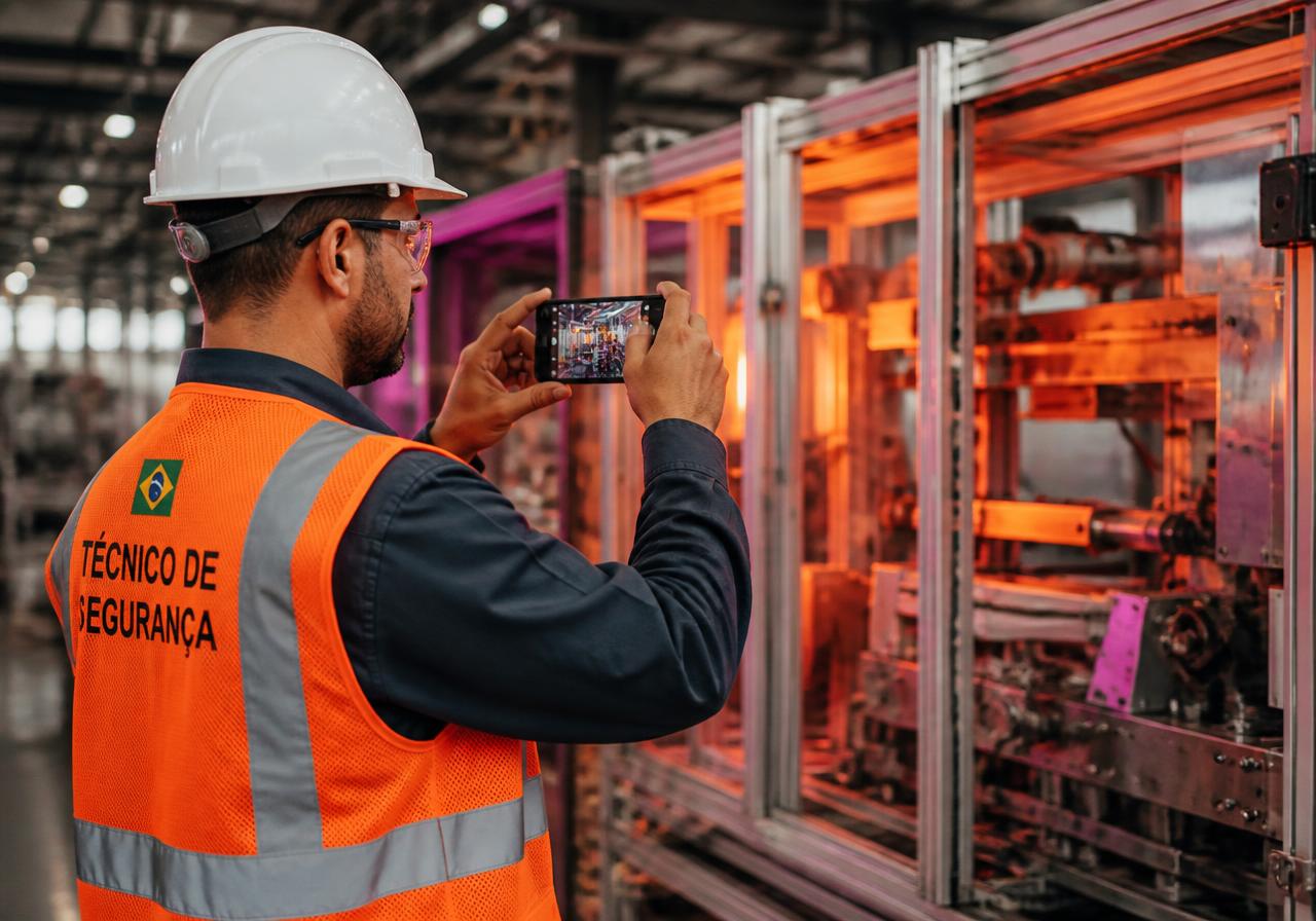 Técnico de segurança com colete laranja fotografando uma máquina durante visita técnica em fábrica